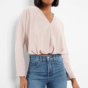 Express Satin V-Neck Relaxed Dolman Sleeve Blouse in pink